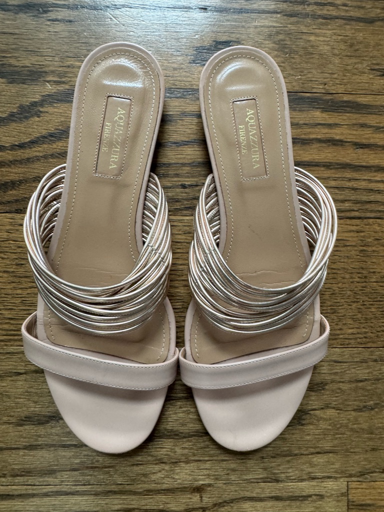 Aquazzura Metallic Strappy Slide Sandals Nude Gold Leather Size 36.5